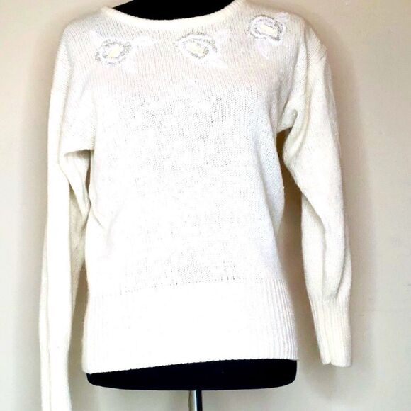 KAREN SCOTT🧶Beaded Sequin Long Sleeve Sweater Scoop Neck🧶Cream White Flowers - Picture 1 of 12